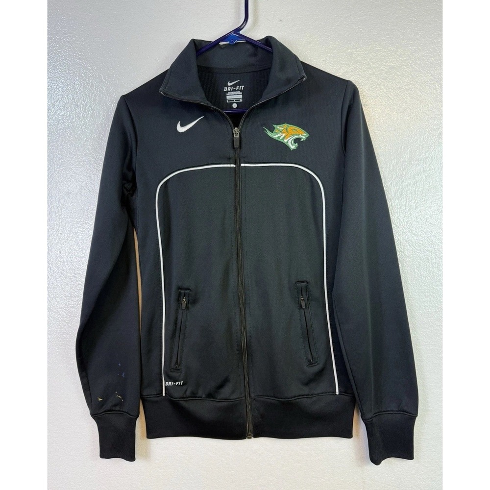 Nike Dri Fit Jacket Womens Sz S‎ Black Tiger Cat Swish Logo School Sports